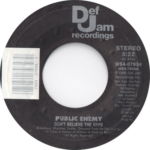 Public Enemy ‎– Don't Believe The Hype / Prophets Of Rage (VG-)